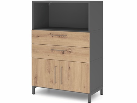 FlexWall Schrank mit offenem Regalfach, 2 Schubladen, 2 Türen, Untergestell Metall.