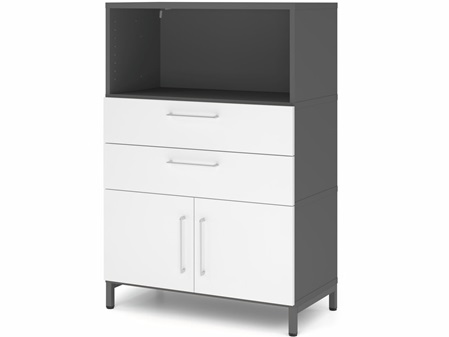 FlexWall Schrank mit offenem Regalfach, 2 Schubladen, 2 Türen, Untergestell Metall.