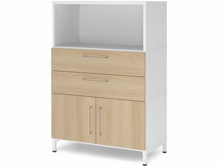 FlexWall Schrank mit offenem Regalfach, 2 Schubladen, 2 Türen, Untergestell Metall.