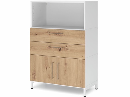 FlexWall Schrank mit offenem Regalfach, 2 Schubladen, 2 Türen, Untergestell Metall.