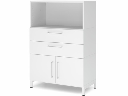 FlexWall Schrank mit offenem Regalfach, 2 Schubladen, 2 Türen, Untergestell Metall.