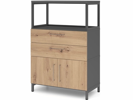 FlexWall Vitrine offen, Schubladen, Türen, Metallsockel, Graphit, Asteiche