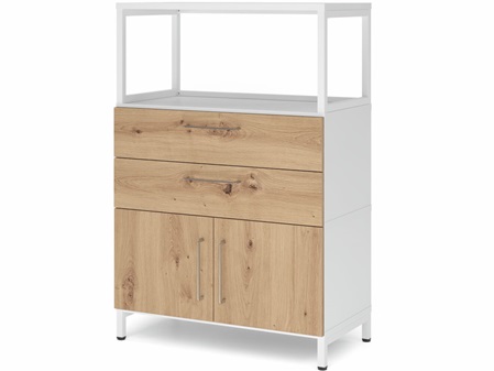 FlexWall Vitrine offen, Schubladen, Türen, Metallsockel, Graphit, Asteiche