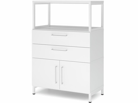 FlexWall Vitrine offen, Schubladen, Türen, Metallsockel, Graphit, Weiß