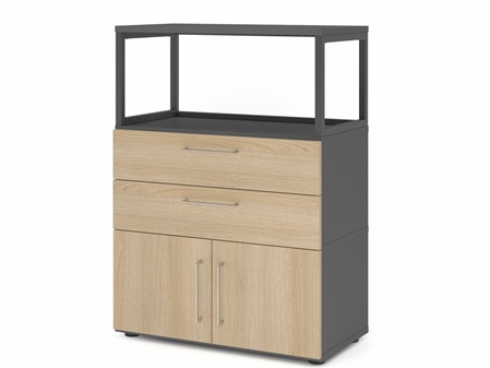 FlexWall Vitrine offen, Schubladen, Türen, Kunststoffgleiter, Graphit, Eiche