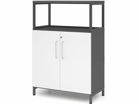 FlexWall Schrank, 3OH, Vitrine offen, Türen, Metallsockel